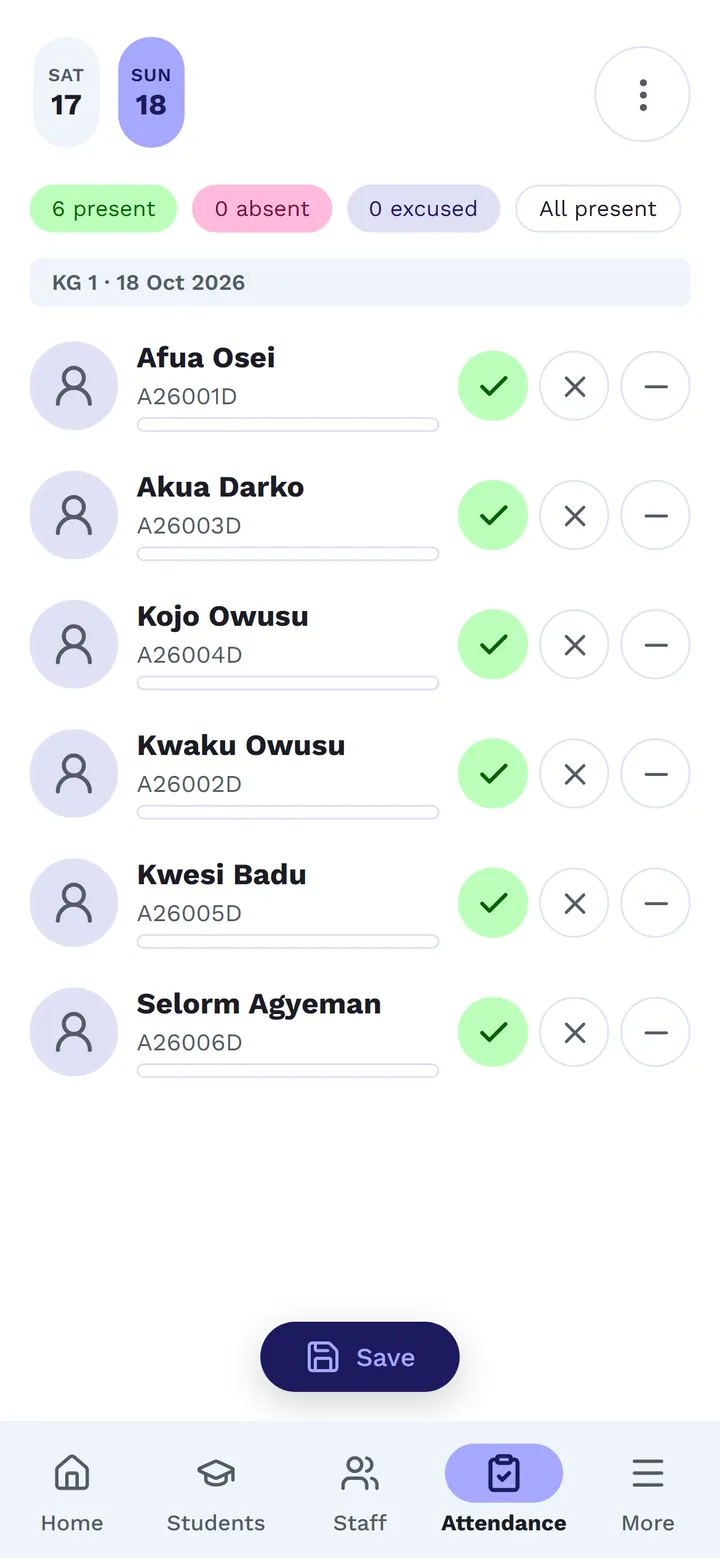 The Attendance page: a class's register for a day, each pupil present or absent