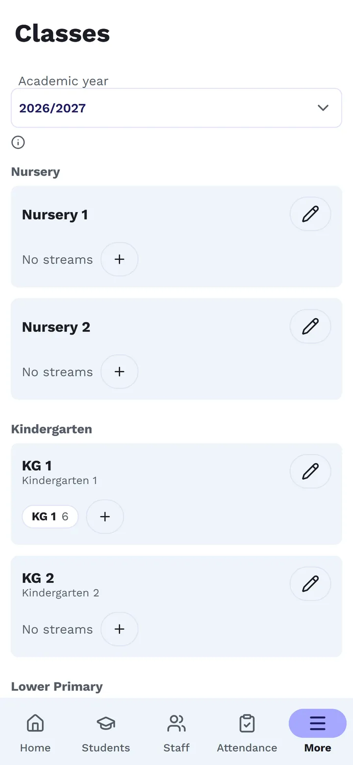 The Classes page: classes grouped by level, each with its streams and a + to add one