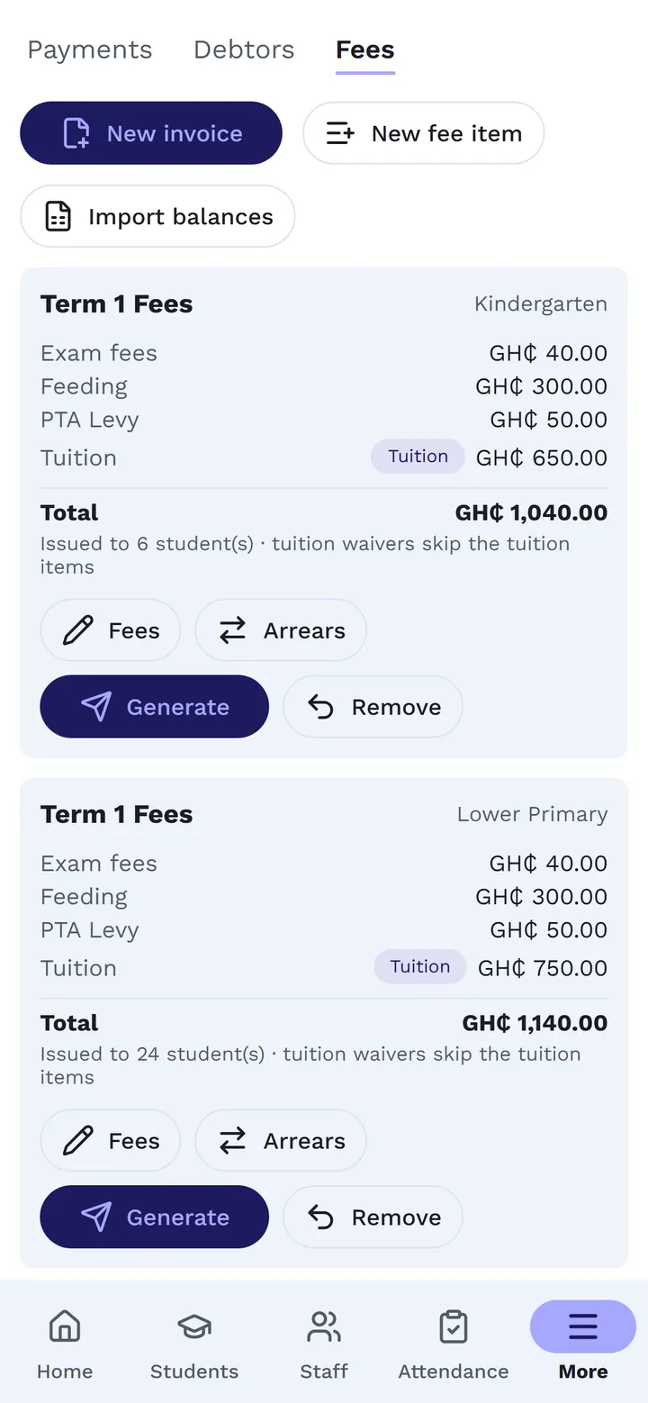 Finance, Fees: Term 1 Fees cards per level with Fees, Arrears, Generate and Remove