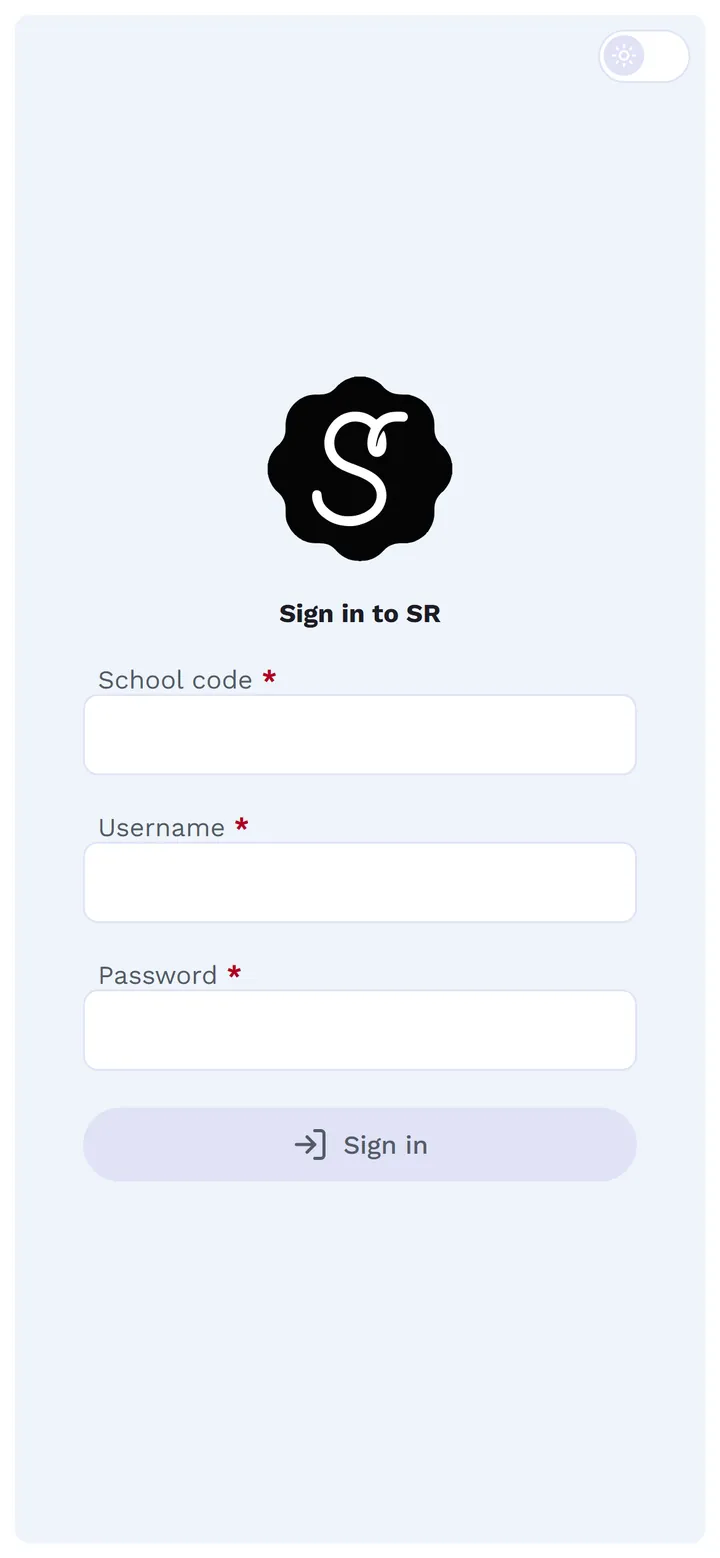 SR's sign-in screen: school code, username and password