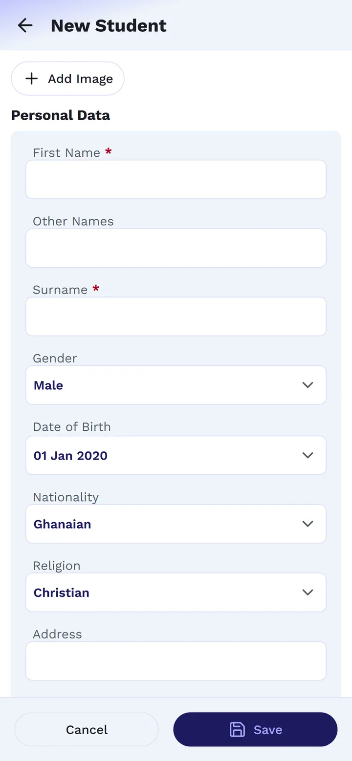 The New Student form: photo, personal data and admission data
