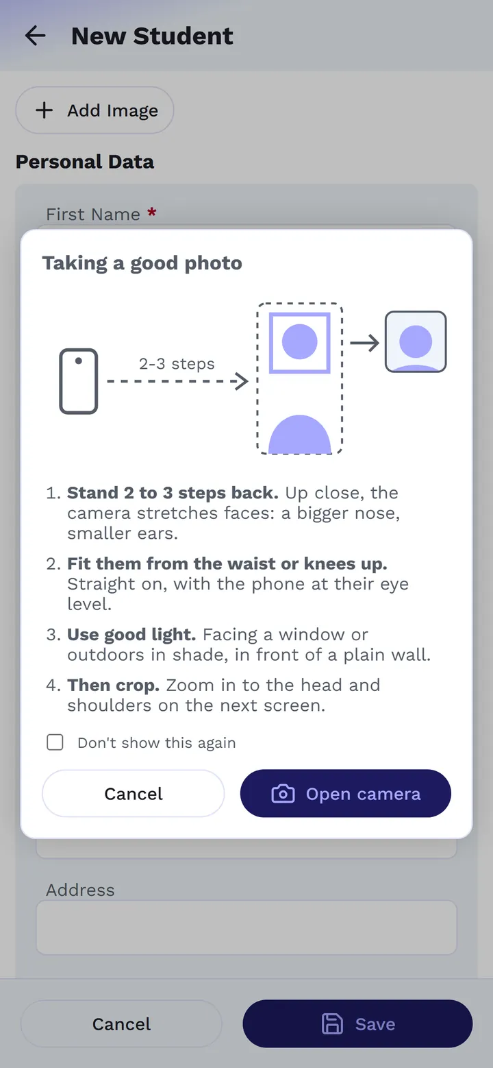 SR's 'Taking a good photo' tips, shown before the camera opens