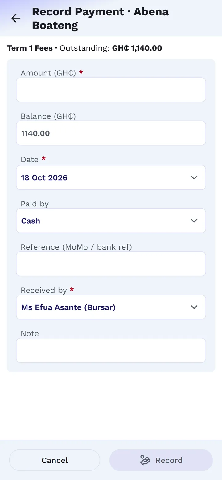 The Record Payment form: amount, balance, date, paid by, reference and received by