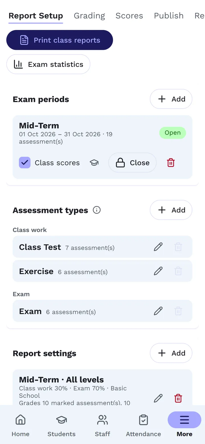 Gradebook, Report Setup: exam periods, assessment types and report settings