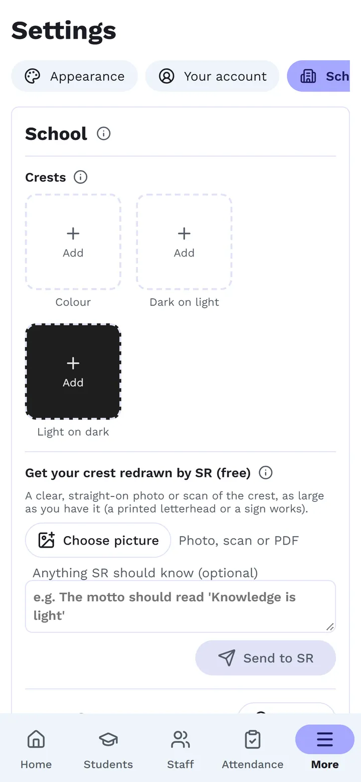Settings, School: the three square crest tiles and the free crest redraw