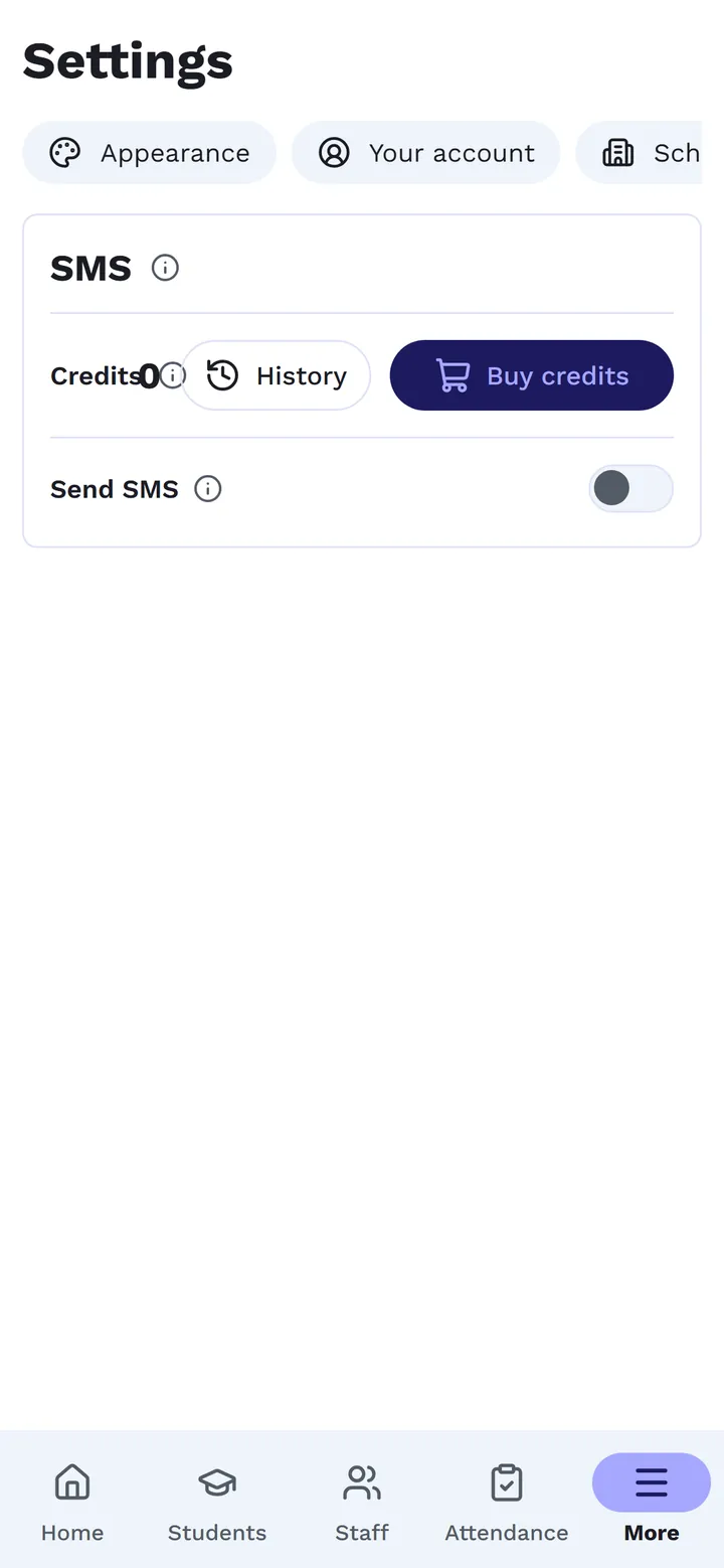 Settings, SMS: credits, Buy credits, and the Send SMS switch