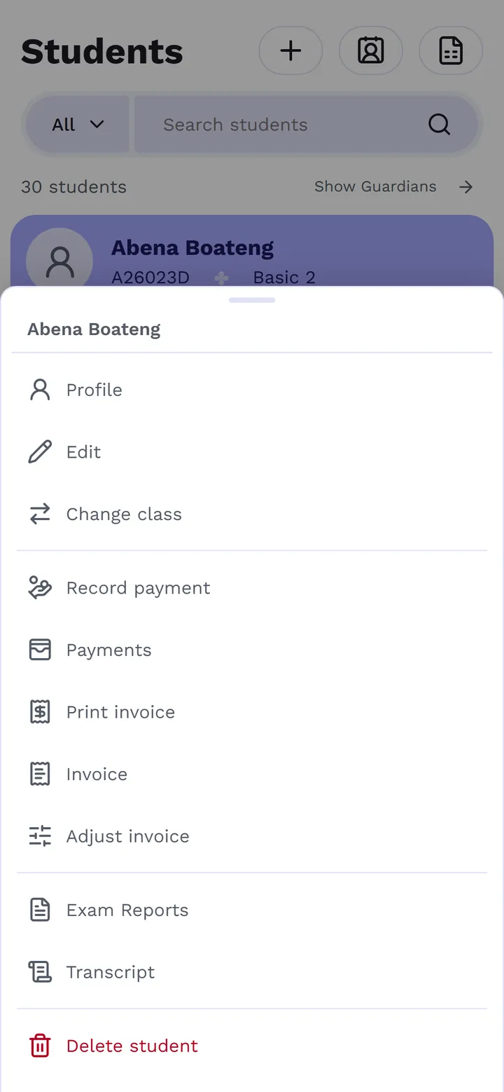A student's menu: Profile, Edit, Change class, Record payment, Payments and more