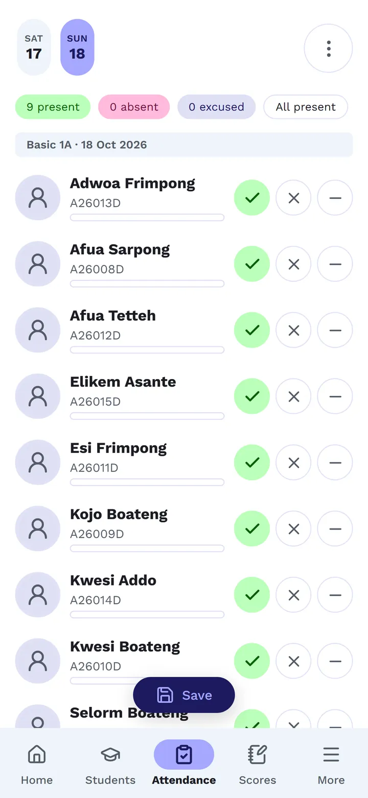 A class master's register on a phone: each pupil marked present, absent or excused