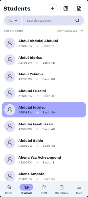 The student list in SR's web app on a phone, with each pupil's ID and class